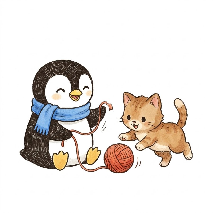 Le pingouin joue avec un chaton et une pelote de laine
